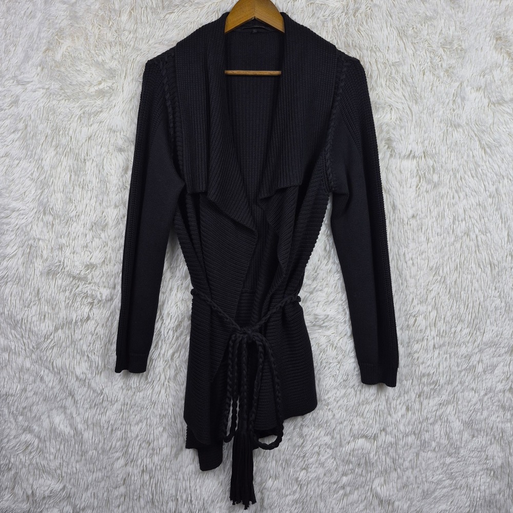 Kobi Halperin Black Ribbed Chunky Knit Wrap Braided Belted Draped Cardigan Sz L